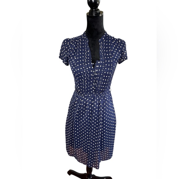 MSK Petite Navy Blue Polka Dot Tie Waist Dress Size 4P - Picture 2 of 9